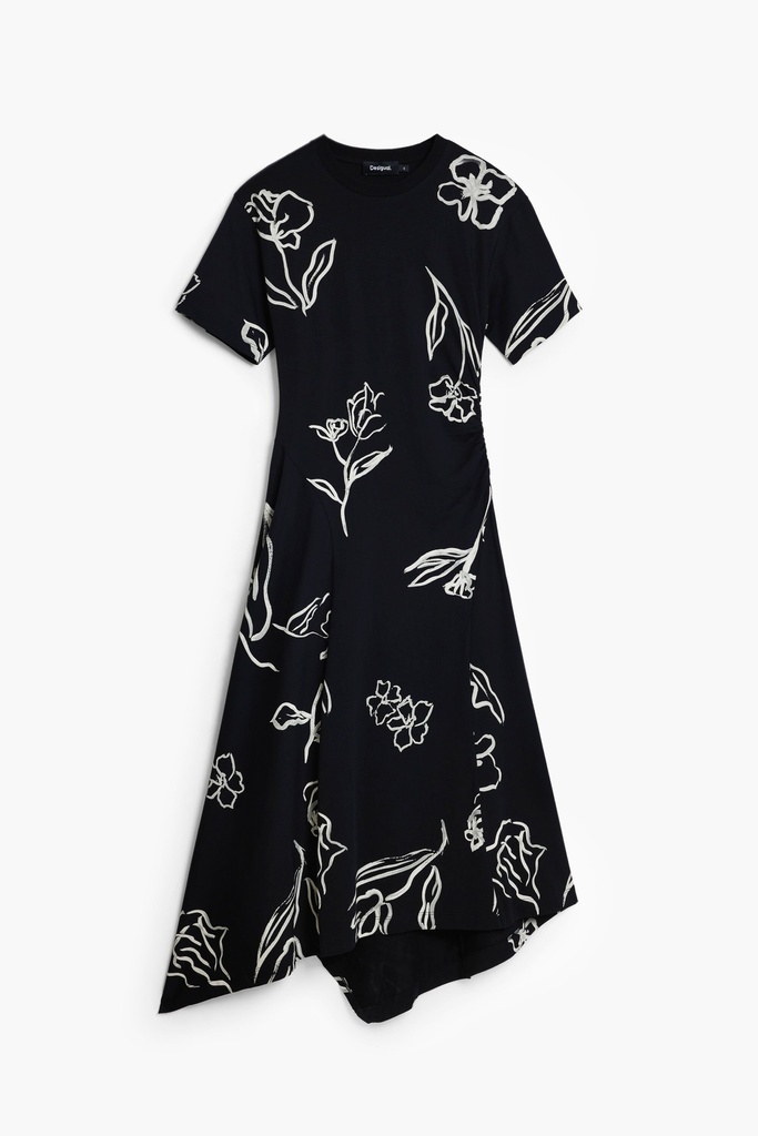 Asymmetric dress with floral strokes 